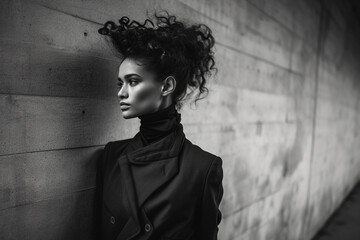Modernist portrait, androgynous model with sculptural hair, monochrome outfit against a minimalist set