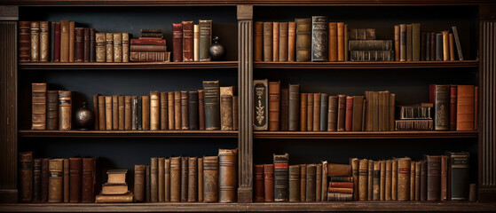 Antique wooden bookcase brimming with timeworn texts, evoking a scholarly ambiance in a tranquil study.
