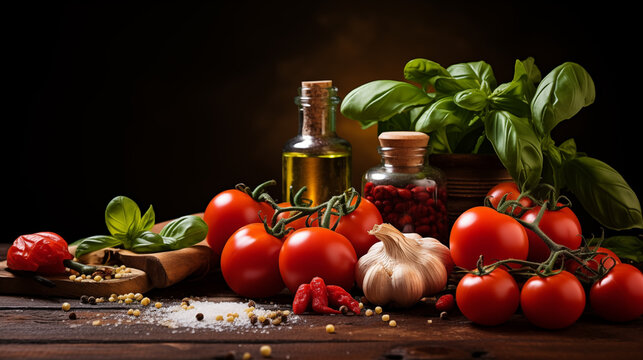 Italian food ingredients on dark background, Ai generated image