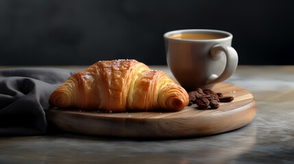 Cup of coffee and croissant on wooden table, closeup