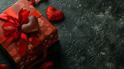 Red gift box with red ribbon and heart on the dark background. Copy space. Valentine day concept.