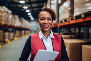 Portrait of a middle aged businesswoman holding clipboard in warehouse - obrazy, fototapety, plakaty