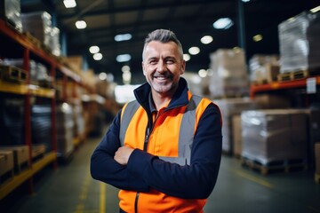 Smiling portrait of a middle aged man in factory
