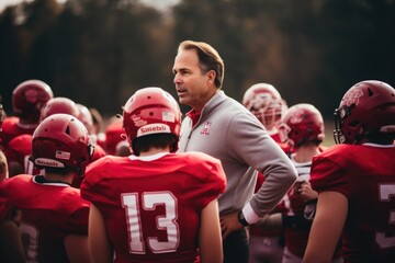 Fototapeta premium High school football coach talking to team on field