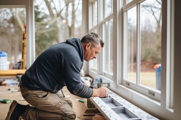 Middle aged male construction worker installing new windows to home - obrazy, fototapety, plakaty