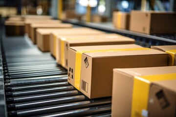 Conveyor Belt in a Modern Warehouse Full of Packaged Parcels Ready for Shipping - obrazy, fototapety, plakaty
