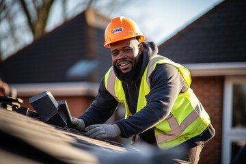 Portrait of a construction worker on home roof laying tiles - obrazy, fototapety, plakaty