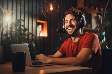 Portrait of a young male influencer recording a video at home