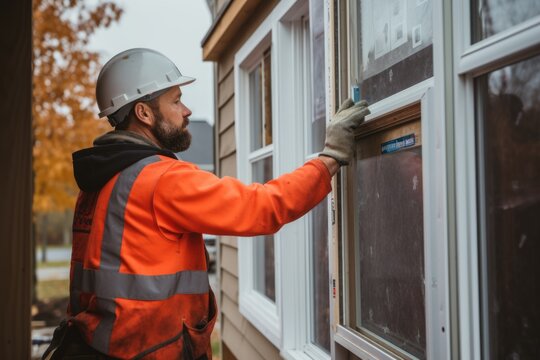 Middle aged male construction worker installing new windows to home