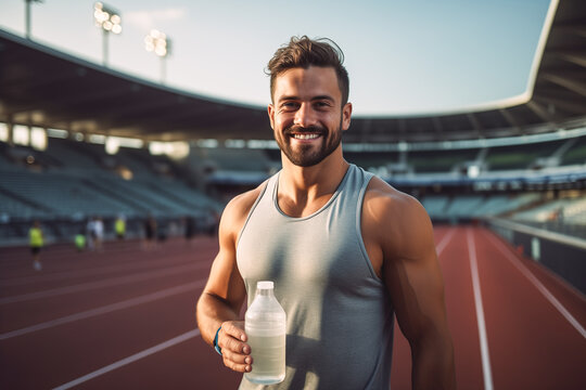 Athlete in athletics holding a bottle of water