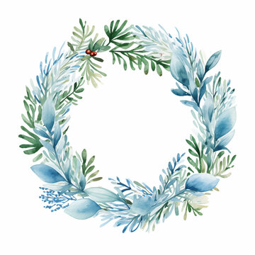 Watercolor Christmas wreath.  Cute New Year natural decoration with leaf and berries.
