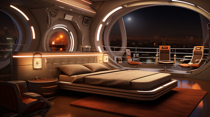 Create a bedroom with a futuristic space station
