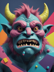 Flat Pop Art Monster - Medium Shot of a Troll with Geometric Shapes and Abstract Background Gen AI