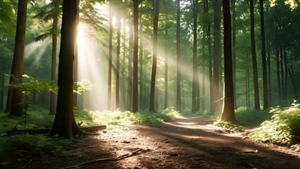 A misty forest with tall trees and dense foliage, where the sunlight peeking through the canopy creates a heartshaped spotlight on the forest floor.