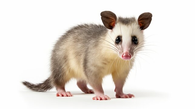 Young Virginian opossum (Didelphis virginiana) stands on a white background and looks at the camera. Isolated isolated on white background, - Created using AI Generative Technology