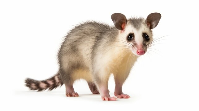 Young Virginian opossum (Didelphis virginiana) stands on a white background and looks at the camera. Isolated isolated on white background, - Created using AI Generative Technology