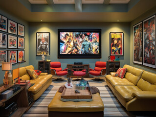 "Vintage-inspired home theater featuring plush seating in a cozy, nostalgic entertainment space design - Image 00120_02_rl."