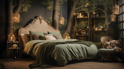 Obraz na płótnie Canvas bedroom with an enchanted forest theme