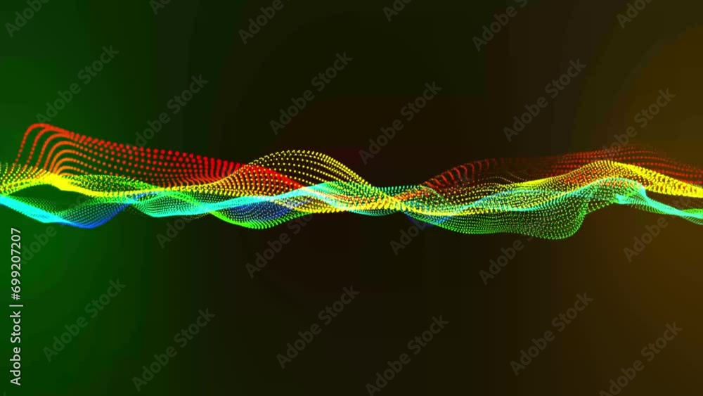 Poster abstract technology multicolor particle flow and wave animated background. futuristic dots wave back