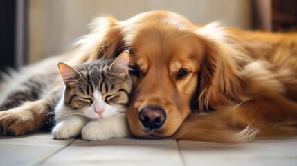 cat dog friend home comfortable lying together close up looking ai visual concept