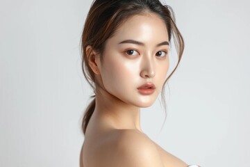 Beauty portrait of young Asian woman on bright white background Beautiful young asian woman with clean fresh skin on white background Facial treatment, Cosmetology, plastic surgery.