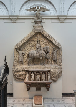London, UK - Nov 01, 2023 - Monument of Marchese Spinetta Malaspina. Italy, Verona. Stucco and gypsum plaster (restoration) in the Victoria and Albert Museum, Inner decor, Copy space, Selective focus.