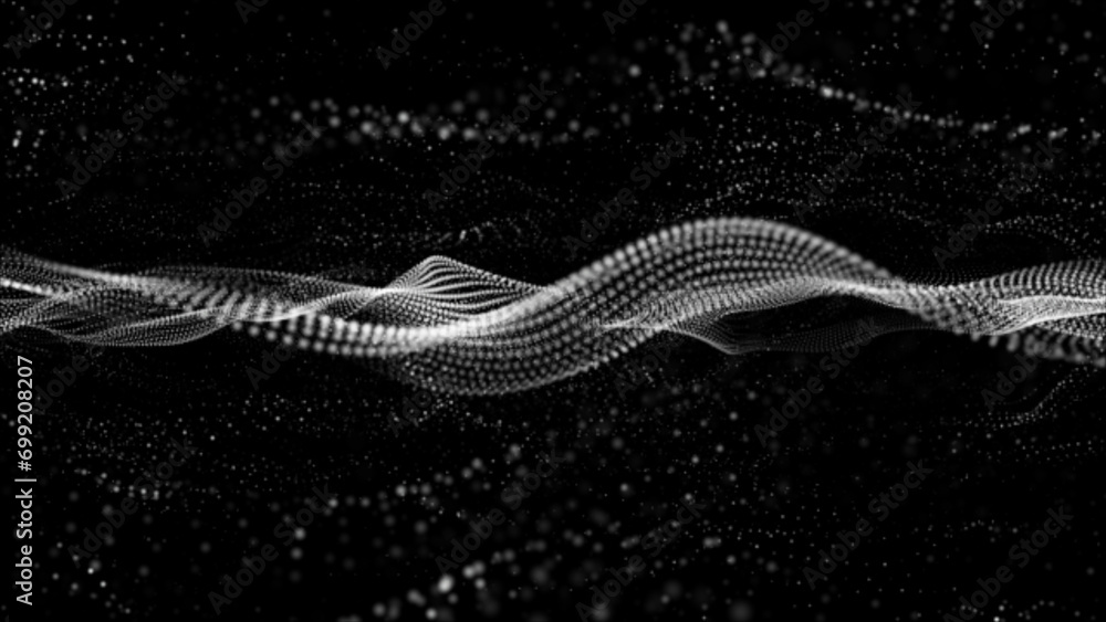 Poster flowing white dots and particles on a black background. abstract digital particle and dot wave light