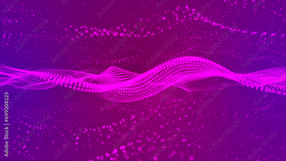 Poster flowing purple dots and particles on a purple background. abstract digital particle and dots wave an