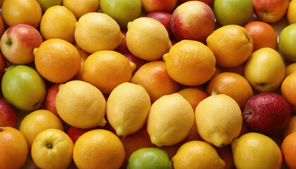 A pile of lemons and apples on display