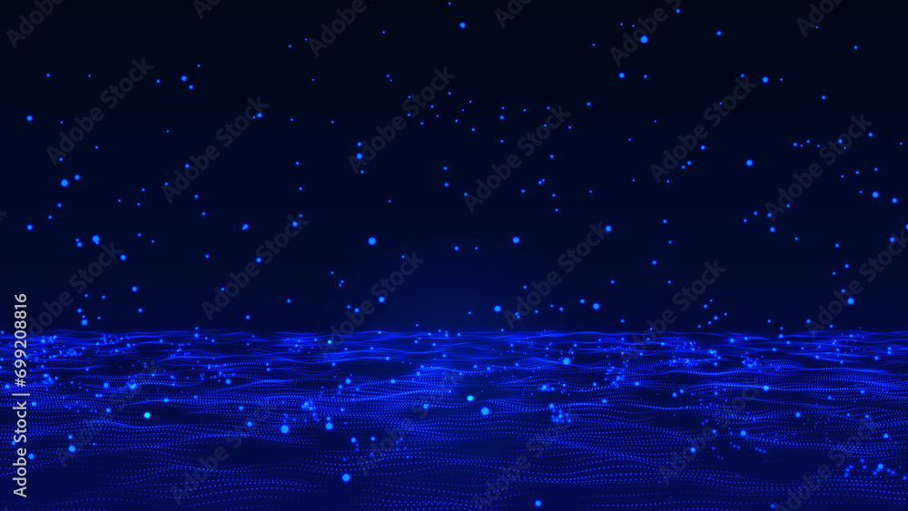 Aufkleber abstract hi-tech bouncing blue particles background. blue sphere particles are falling, bouncing, an