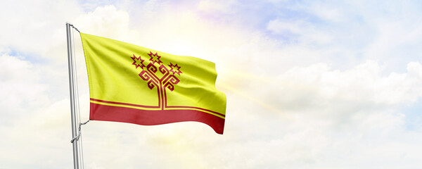 Chuvashia flag waving on sky background. 3D Rendering