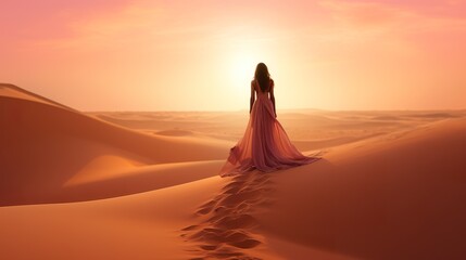 back view of woman in elegant dress walking by sahara dune at sunset, fashion concept - obrazy, fototapety, plakaty