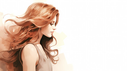 Beautiful wavy woman with brown hair, minimalist, watercolor