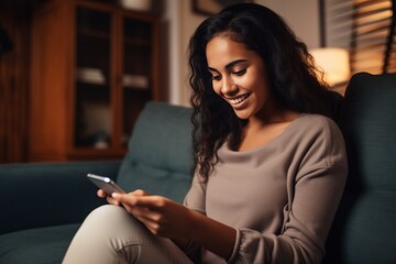 The happy millennial Hispanic teen girl is checking social media while using a smartphone at home, and a young Latin woman uses a mobile phone app to play games, shop online, and order deli sofas. 
