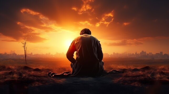 lonely desperate man pray and ask god about help, tired male in desert