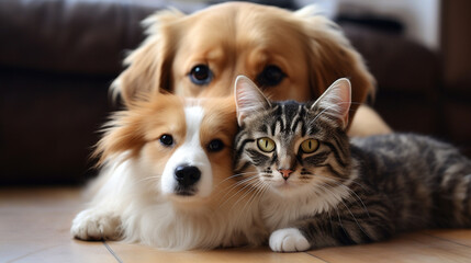 Fototapeta na wymiar cat dog friend home comfortable lying together close up looking ai visual concept