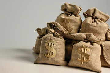 Heap of burlap bags with a gold symbol $ on them, on solid studio background