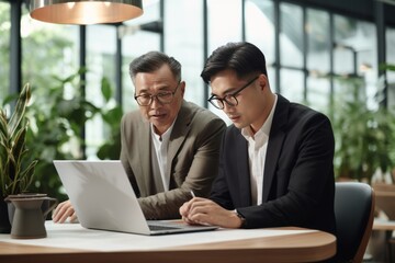 Two busy, diverse professional coworkers are discussing work using a laptop. Asian employee learning online project discussing business plan with mature manager looking at computer at meeting.