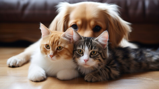 cat dog friend home comfortable lying together close up looking ai visual concept