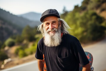Active cool happy bearded old hipster man standing in nature park holding skateboard. - obrazy, fototapety, plakaty