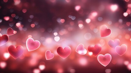 Abstract Valentine's Day background with red hearts and blurred bokeh lights. Festive love concept banner