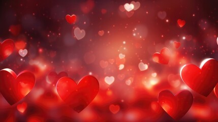 Obraz premium Abstract Valentine's Day background with red hearts and blurred bokeh lights. Festive love concept banner