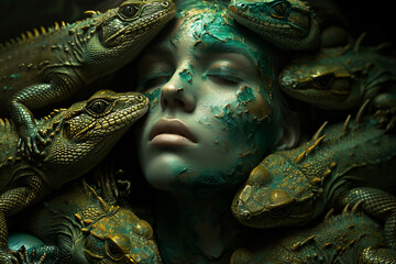 Surreal composition depicting individuals with reptilian features seamlessly integrated into human forms, creating a captivating and otherworldly atmosphere. Photo