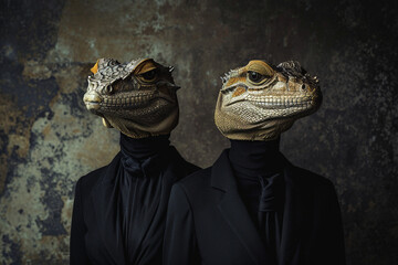 Minimalistic portrayal of reptilian-human hybrids in a fashionable setting, showcasing their unique features and creating a bold and stylish visual statement. Photo
