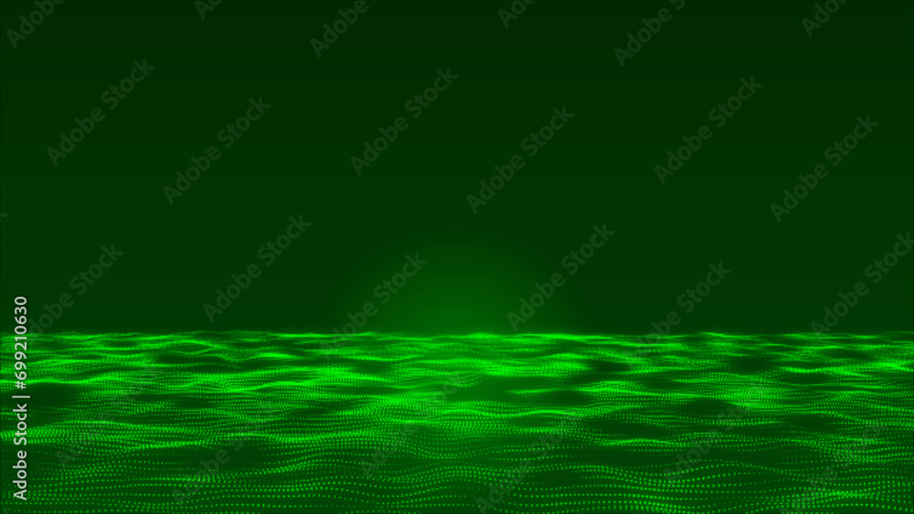 Poster abstract hi-tech green dot and particle wave background. futuristic dot-wave background. 3d