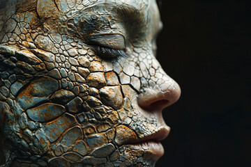 Side view emphasizing the transformation of reptilian features within human forms, creating a visually intriguing and enchanting composition. Photo