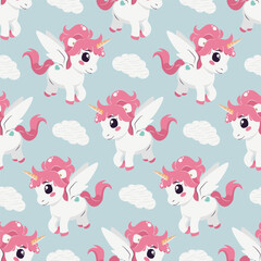 Seamless pattern with magic unicorns and clouds. Vector tile with cartoon character for childish print, wrapper, textile, print, fabric.