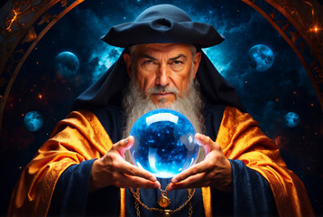 Nostradamus with his crystal ball. - obrazy, fototapety, plakaty