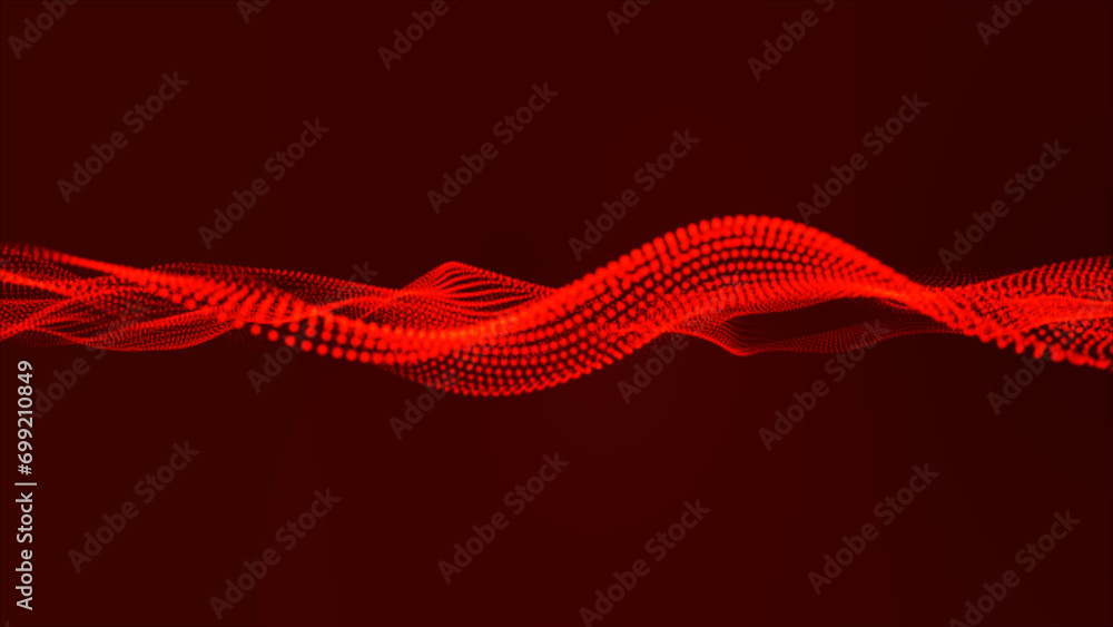 Poster flowing red dots and particles on a deep red background. abstract digital particle and dots wave and