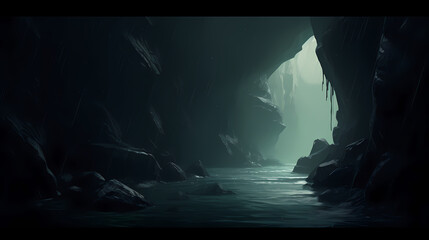 Dark cave with opening leading to raging river - obrazy, fototapety, plakaty